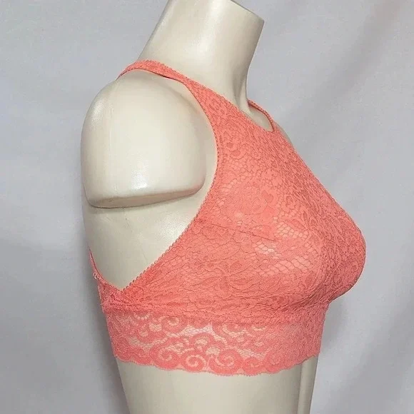 LARGE Xhilaration Wire Free High Neck Crossback Lace Bra Coral NWT‎ - Picture 2 of 6